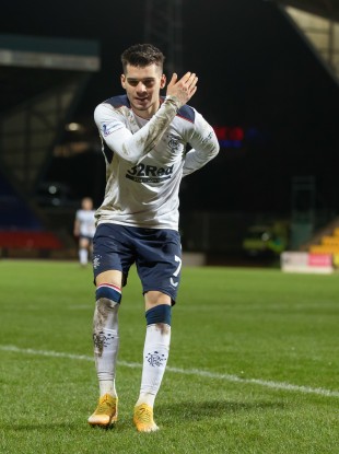 Ianis Hagi celebrates scoring Rangers' third.
