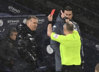 Dean Smith is sent off by Jon Moss.