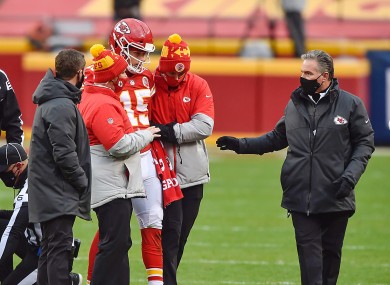 Patrick Mahomes being helped off the field during the Chiefs' victory over the Cleveland Browns.