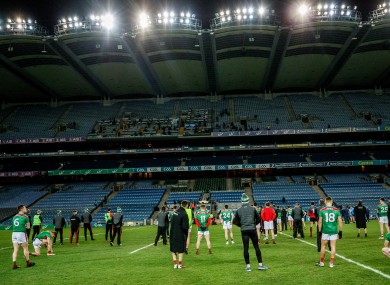 The Mayo team watch as Dublin captain Stephen Cluxton gives his speech.