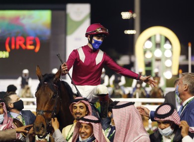 Irish jockey David Egan celebrates.