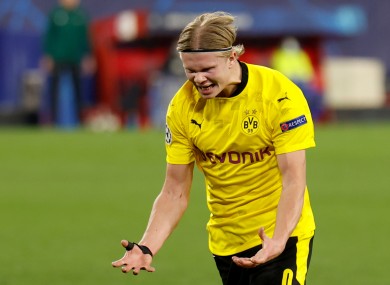Erling Haaland celebrates a goal.