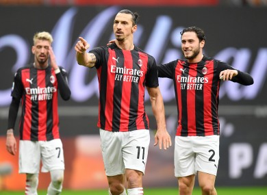 AC Milan's Zlatan Ibrahimovic (C) celebrates.