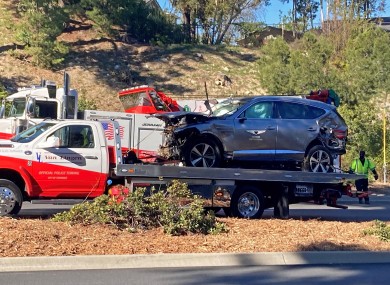 The vehicle driven by Tiger Woods on the back of a truck in Los Angeles.