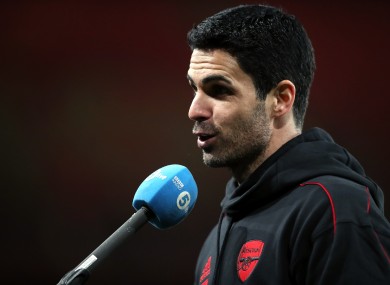 Mikel Arteta is interviewed after the game.
