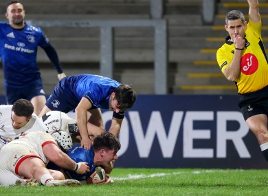 Dan Sheehan gets Leinster's fifth try.