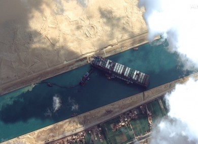 Satellite image from Maxar Technologies shows the Ever Given cargo ship stuck in the Suez Canal.