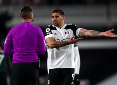 Fulham's Aleksandar Mitrovic complains to the referee after the Premier League match yesterday.