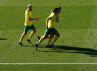 Adam Idah and his team-mates celebrate his late goal yesterday.