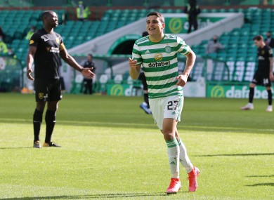 Celtic's Mohamed Elyounoussi celebrates scoring their side's fifth goal of the game.