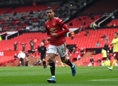 Mason Greenwood celebrates after scoring the second goal for Manchester United against Burnley.