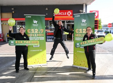 Staff at the Circle K petrol station in Kilkenny that sold the winning Lotto jackpot ticket.