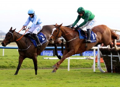 Paul Townend on Concertista (green) jumping the last to beat Rachael Blackmore on Minella Melody at Fairyhouse in November.