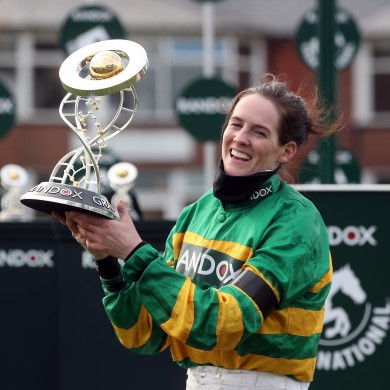 Rachael Blackmore celebrates after the Aintree Grand National.