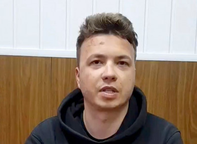 A still from the brief video clip of Pratasevich in custody that was shown on Belarusian state television.