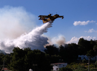 A firefighting aircraft works to put out a wildfire in Alepochori, Greece, yesterday