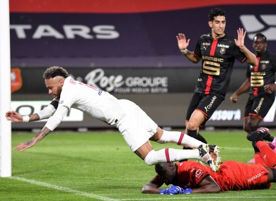 Neymar in action for PSG and Rennes.