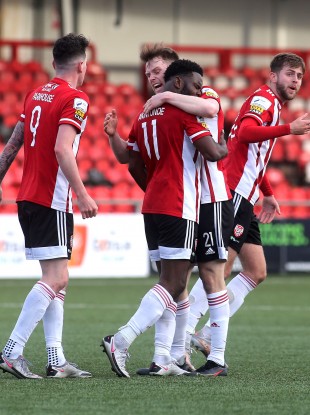 Derry’s James Akintunde celebrates his late leveler.