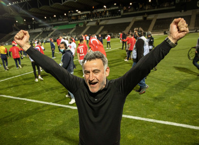 Christophe Galtier celebrates the league win.