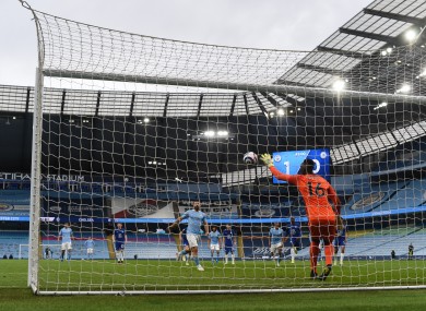 Sergio Aguero's penalty is saved.
