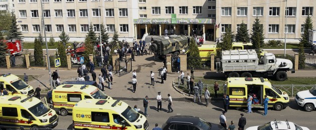 The scene of this morning's shooting in Kazan, Russia.