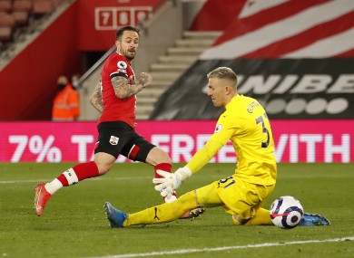 Danny Ings scores the Saints' third goal, his own second, in the 3-1 win.