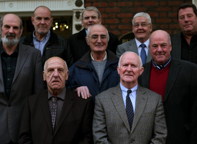 A number of the 'Hooded Men' (front row left right) Michael Donnelly and Liam Shannon, (middle row left- right) Kevin Hannaway, Gerry McKerr, and Jim Auld, (back row left - right) Patrick McNally, Brian Turley, Francis McGuigan, and Joe Clarke, outside Buswell's Hotel in Dublin in 2014.