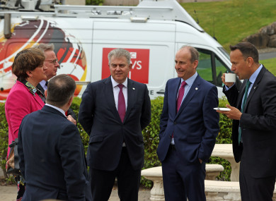 Health Minister Robin Swann, First Minister Arlene Foster, Chancellor of the Duchy of Lancaster Michael Gove, Secretary of State for Northern Ireland Brandon Lewis, Taoiseach Micheal Martin and Tanaiste Leo Varadkar at the British Irish Council summit in Lough Erne Resort in Enniskillen, Co Fermanagh