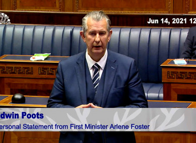 Edwin Poots speaking after Arlene Foster formally announced her resignation as First Minister in the chamber of the NI Assembly.
