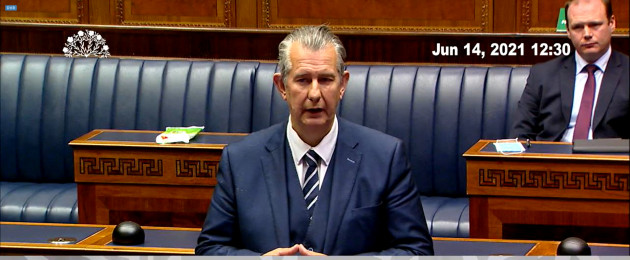Edwin Poots speaking after Arlene Foster formally announced her resignation as First Minister in the chamber of the NI Assembly.