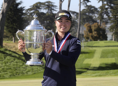 Yuka Saso, of the Philippines, celebrates her victory.