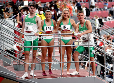 Ireland's Cillin Greene, Phil Healy, Sophie Becker and Christopher O'Donnell after qualifying for the final yesterday.