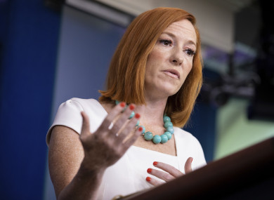 White House Press Secretary Jen Psaki briefs members of the media at the White House in Washington on Monday.