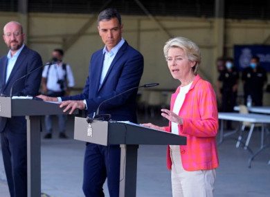 EU Commission president Ursula von der Leyen, with EU Council president Charles Michel, left, and Spain’s prime minister Pedro Sanchez