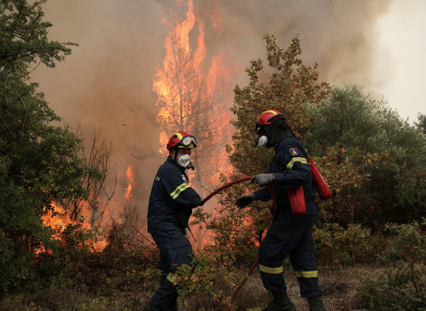Firefighters try to extinguish a fire in the village of Avgaria, on the island of Evia on 10 August