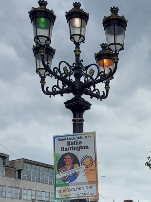 The Five Lamps lit in Green, white and orange for the arrival of Kellie Harrington.