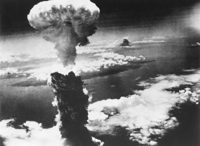 The mushroom cloud over Nagasaki after the bomb was dropped.