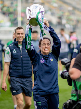 Limerick’s Caroline Currid celebrates with the Liam MacCarthy cup.