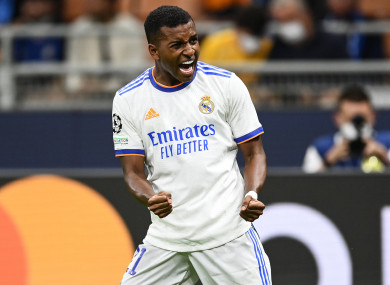 Rodrygo celebrates scoring.
