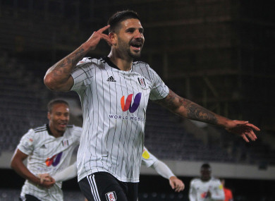 Aleksandar Mitrovic celebrates his first goal.