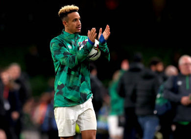 Callum Robinson applauds the Aviva crowd after his hat-trick against Qatar.