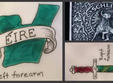 Images of two of the man's tattoos and his belt buckle