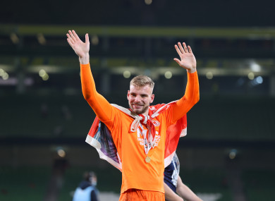 Vitezslav Jaros waves to the St Patrick's Athletic supporters after victory in the FAI Cup.