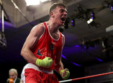 Kieran Molloy celebrates his 2019 Irish Senior final victory over Paddy Donovan, now his Top Rank stablemate.