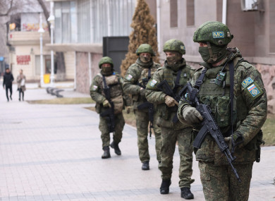 Russian troops patrolling a street in Almaty today.