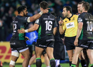 Aki remonstrates with referee Mathieu Raynal.