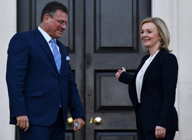 Liz Truss greets EU post-Brexit negotiator Maros Sefcovic as he arrives for a meeting at Chevening.