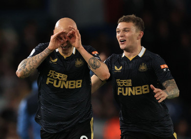 Jonjo Shelvey #8 of Newcastle United celebrates making it 0-1 with Kieran Trippier.