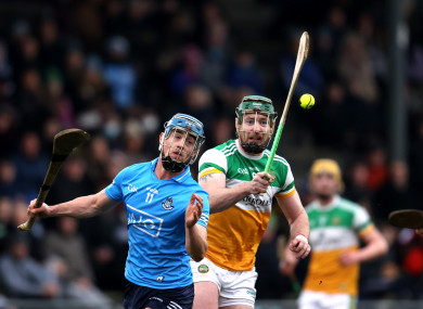 Dublin's Rian McBride and Offaly's Leon Fox.