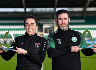Kylie Murphy of Wexford Youths with her SWI Women's Personality of the Year award and Shamrock Rovers manager Stephen Bradley with his Airtricity SWAI Personality of the Year Award.